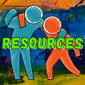 Image shows an artist's rendering of two genderless humans with no distinguishable features. One human has their arm around the other, as the other human leans into them for support. The word "resources" is written across them in bright green lettering. 